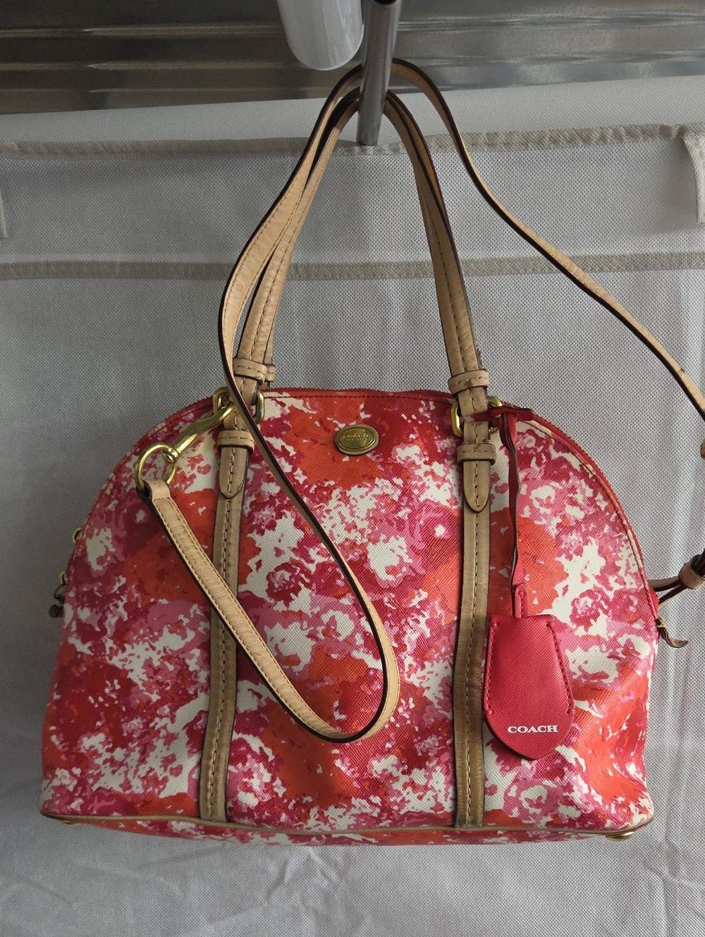 Coach Peyton Coral & Pink Floral Dome Satchel with Tan Straps
